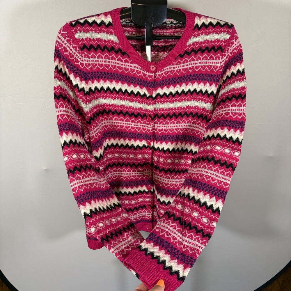 Talbots Petite XLP Pink Lambswool Blend Fair Isle Cardigan Cottage Ski Chic Prep - Picture 6 of 12
